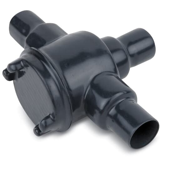 PVC Double-Coated Conduit Outlet Box for Hazardous Locations, GUAD Type - T Shape, Pipe Size 3/4 Inch/21 Metric, Box is Ductile Iron with Zinc Plating, Cover is Die Cast Aluminum, Cover Opening 2.00 Inch/50.80 Millimeters, Gray
