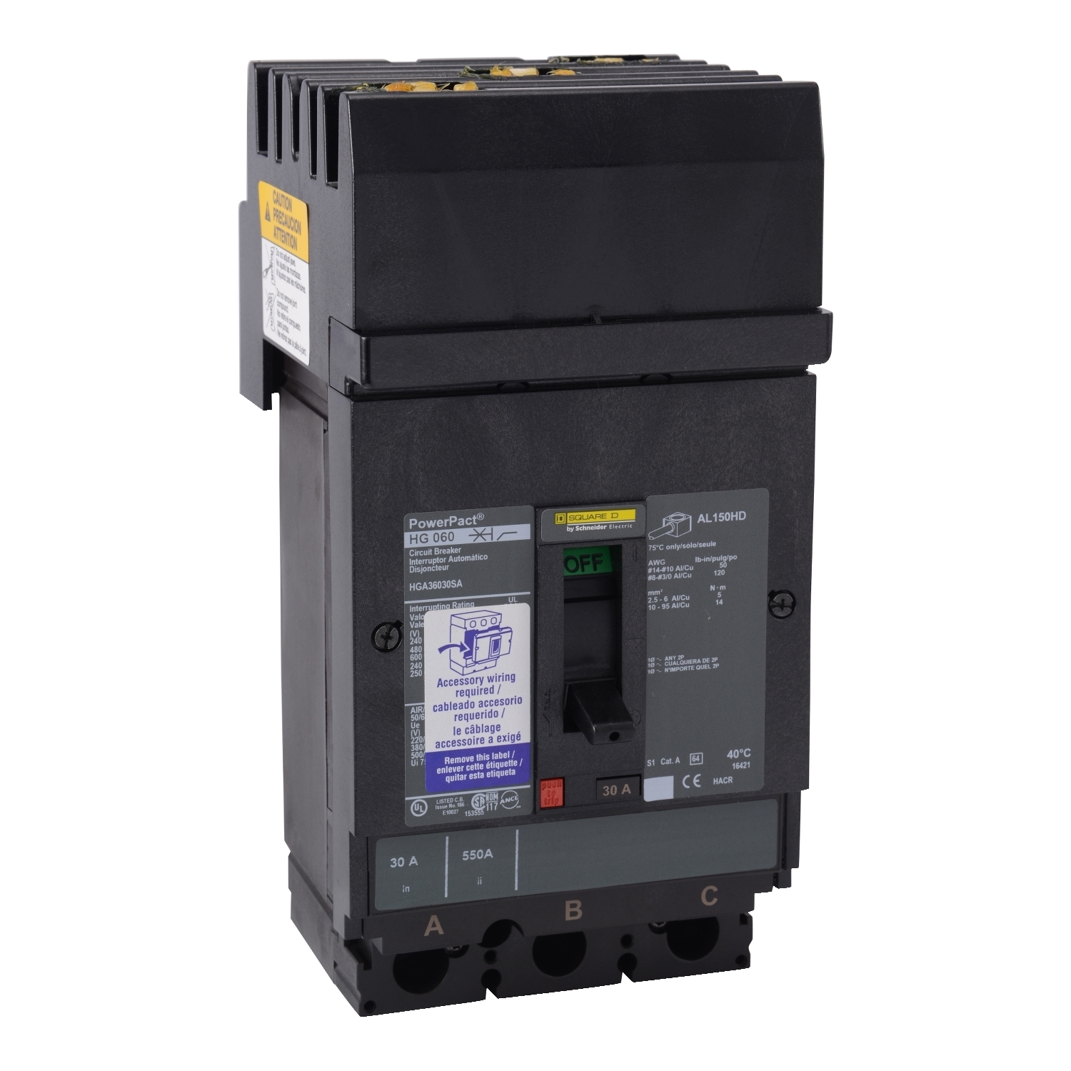 Circuit breaker, PowerPacT H, 125A, 3 pole, 600VAC, 18kA, I-Line, thermal magnetic, 80%, shunt, ABC