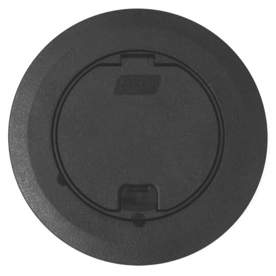 Recessed Service Floor Box Cover Kit, Accepts Duplex Receptacles GFI Receptacles and 2 Port Keystone Data Plate, Black, Non-Metallic, For use with Flush Service Floor Box, 100 Cubic Inches, Opening Diameter 5-5/32 Inches, Base Diameter 6-3/8 Inches, Depth 6 Inches, 3/4 Inch and 1 Inch Conduit Tapping, Plastic, For Power or Communications/Data and Wood Sub-Floor and Raised Floor Applications