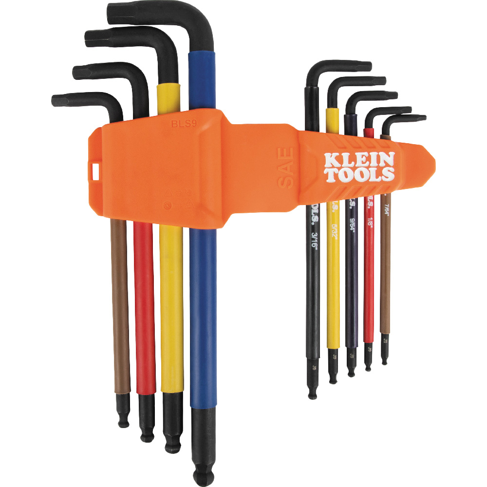 Klein Tools' 9-Key Color-Coded Hex Key Set conveniently consolidates the most popular SAE sizes into one compact caddy. The industrial strength, extended reach ball-end keys are optimal for working at angles up to 25 degrees. The round shanks with plastic sleeve provide enhanced comfort during prolonged use.