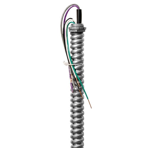 EPCO, Fixture Whip, Number Of Conductors: 5, Conductor Size: (3) 18 AWG solid (Black,White,Green) (2) 16 AWG stranded (Purple,Gray), Voltage Rating: 120 V, Insulation Material: THHN, Length: 6 FT, Conduit Size 1/2 IN, Includes: Screw-In Lock Nut Connectors