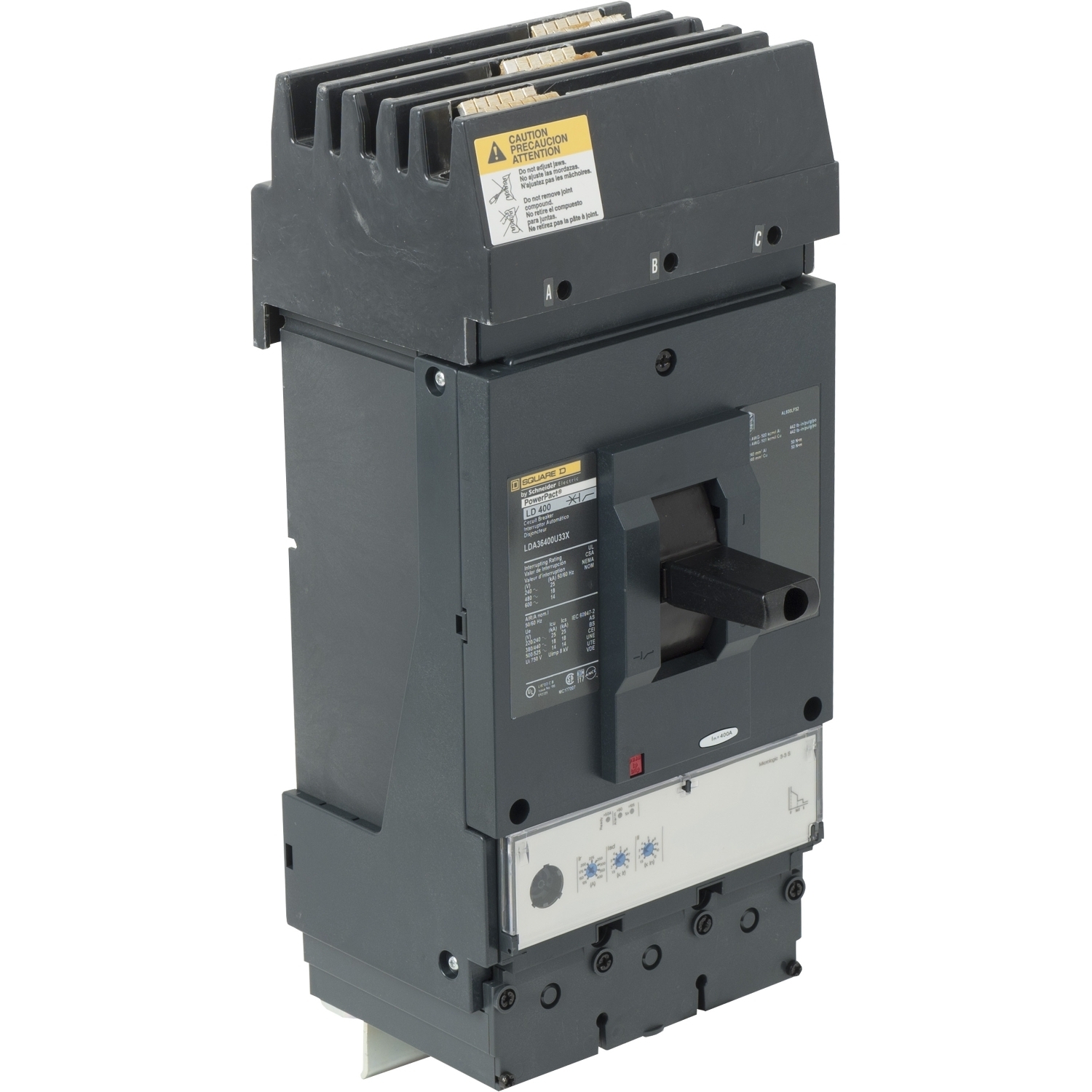 Circuit breaker, PowerPacT L, 400A, 3 pole, 600VAC, 14kA, I-Line, Micrologic 3.3S, 80%, ABC