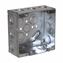 Eaton Crouse-Hinds series Square Outlet Box, (2) 1/2", (2) 1/2", (1) 3/4" E, 4-11/16", Conduit (no clamps), Welded, 2-1/8", Steel, (12) 1/2", (1) 3/4" E, Includes ground screw with pigtail lead, 44.0 cubic inch capacity