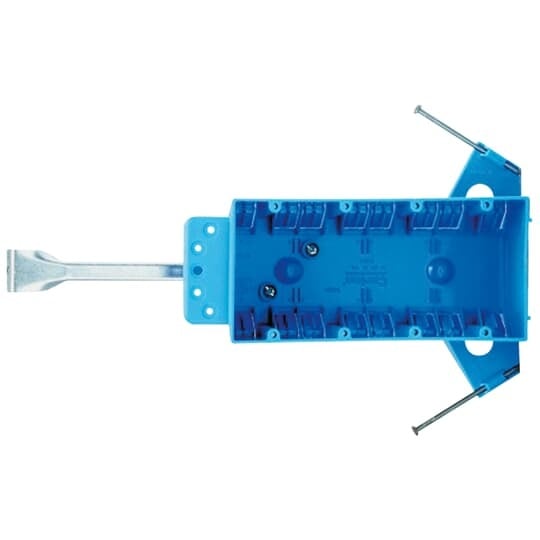 Four-Gang Nail-On New Work Outlet Box, Volume 60 Cubic Inches, Length 7-5/8 Inches, Width 3-11/16 Inches, Depth 2-1/2 Inches, Color Blue, Material PVC, Mounting Means Captive Nails, Bracket Support, and Hanger Bar