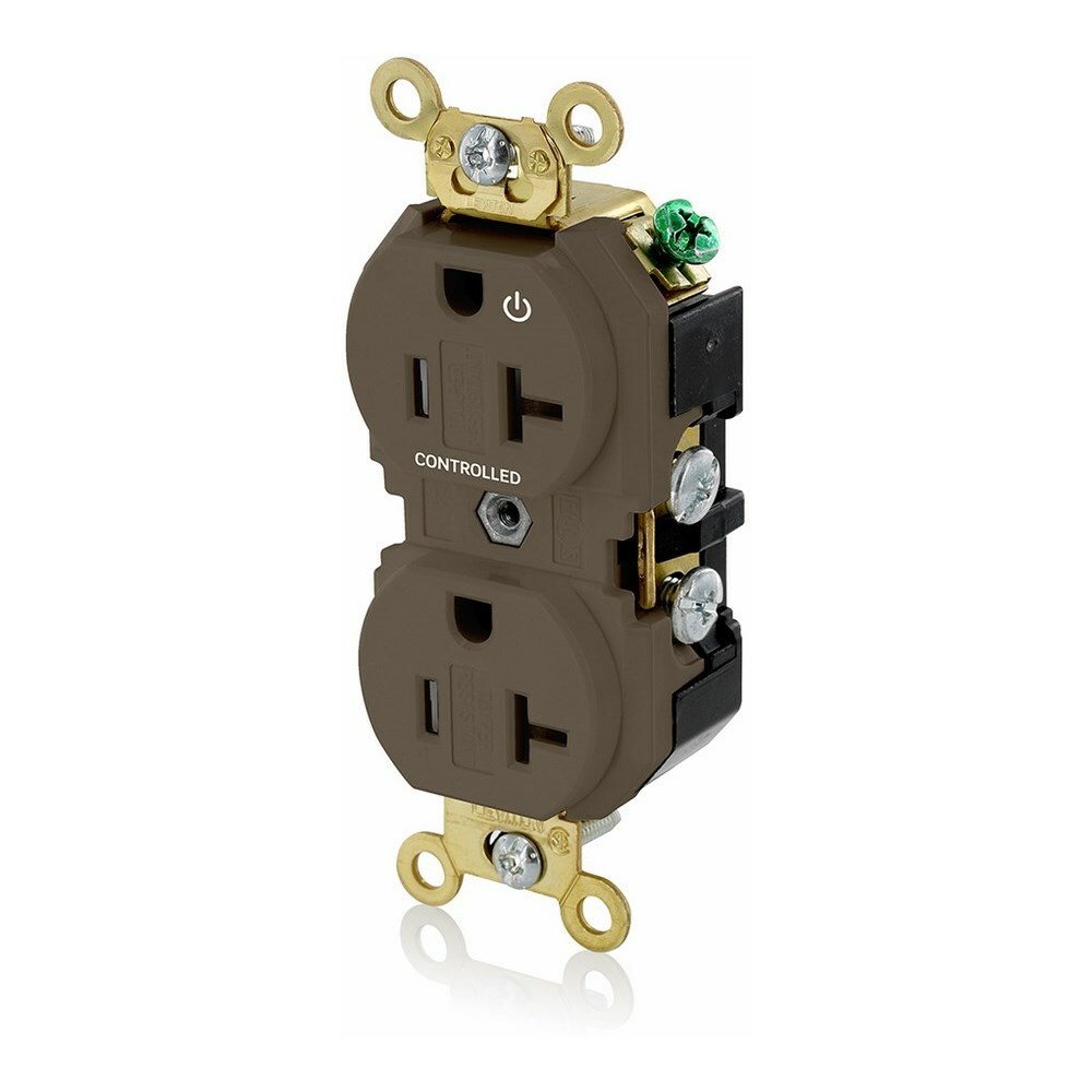 20 Amp. 125 Volt. NEMA 5-20R. 2P/3W. Industrial Series Extra Heavy Duty Specification Grade. Duplex Receptacle. Hot Terminal Split w/1 Plug Controlled. Straight Blade. Self Grounding. Back And Side 8 Hole Feed-Thru Wired. Contractor Pack - Brown