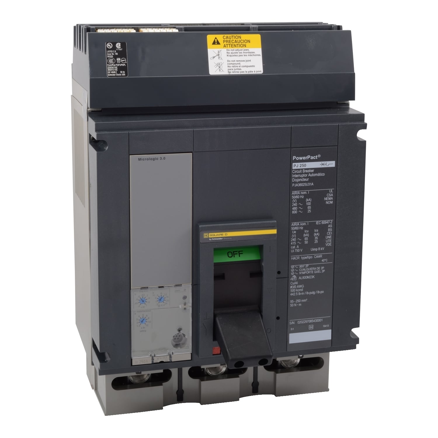 Circuit breaker, PowerPacT P, 800A, 3 pole, 600VAC, 25kA, I-Line, Micrologic 5.0, 80%