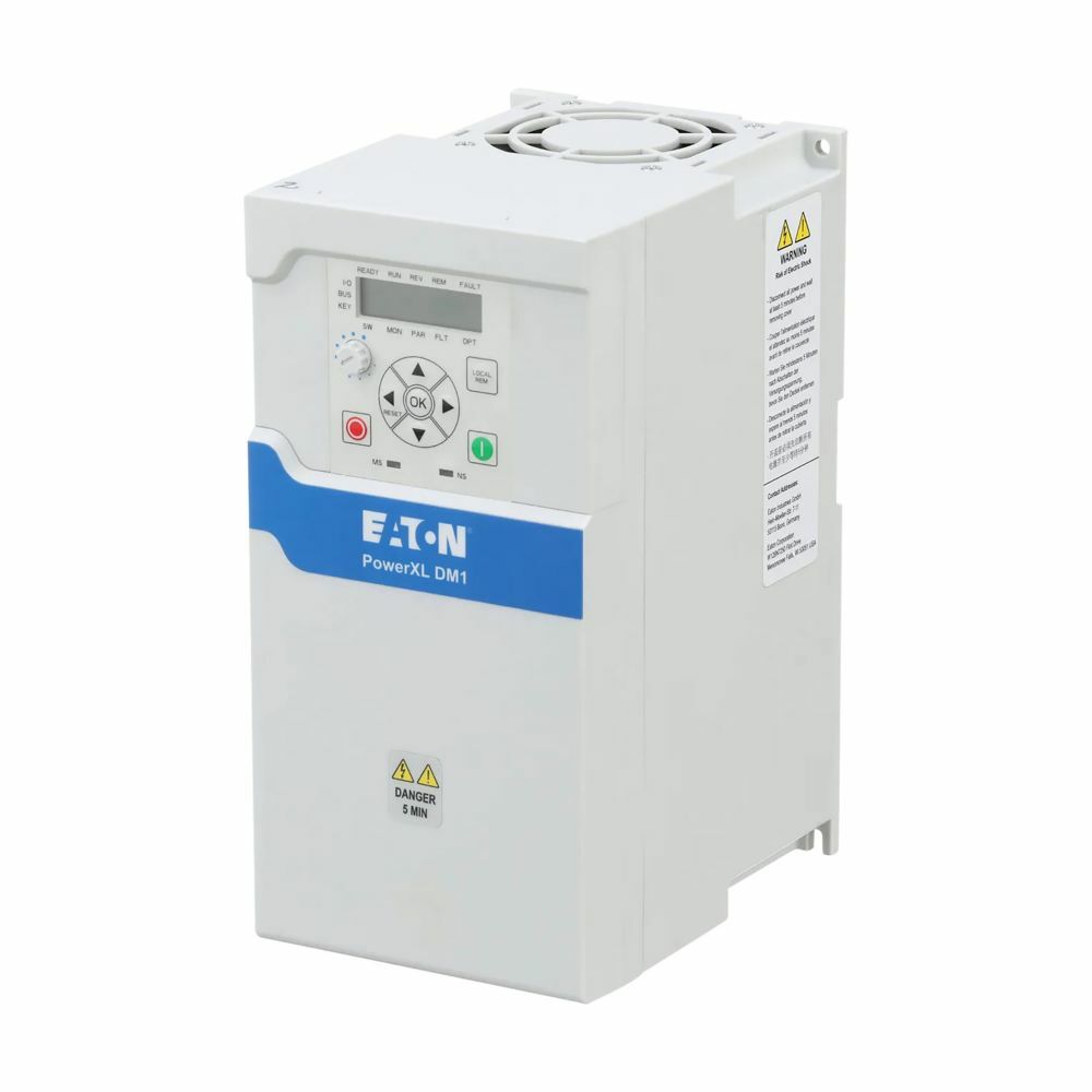 Eaton PowerXL DM1 series micro drive, Three-phase, 230 V, 25 A, Internal brake chopper, Multi segment LCD display, IP20, ST0 SIL2 and ethernet I/P, Modbus TCP onboard