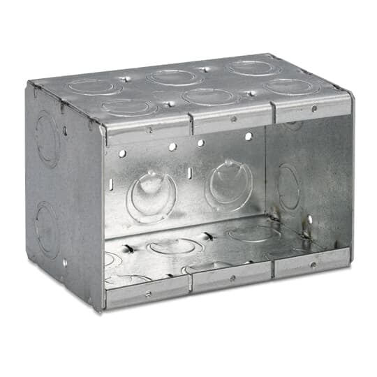 Three Gang Masonry Box, 71.0 Cubic Inches, 3-3/4 Inches Long x 5-1/2 Inches Wide x 3-1/2 Inches Deep, 1/2 Inch and 3/4 Inch Concentric Knockouts, Galvanized Steel, Welded Construction, For use with Conduit
