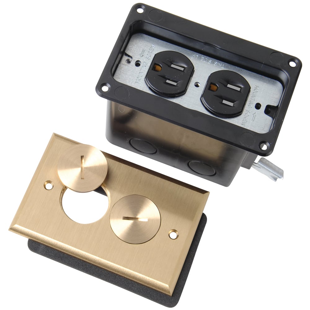 Tamper-Resistant Floor Box Assembly, #8 duplex opening. Two threaded screw plugs,Includes 3232 15 amp, 125 volt tamper-resistant receptacle. Brass.