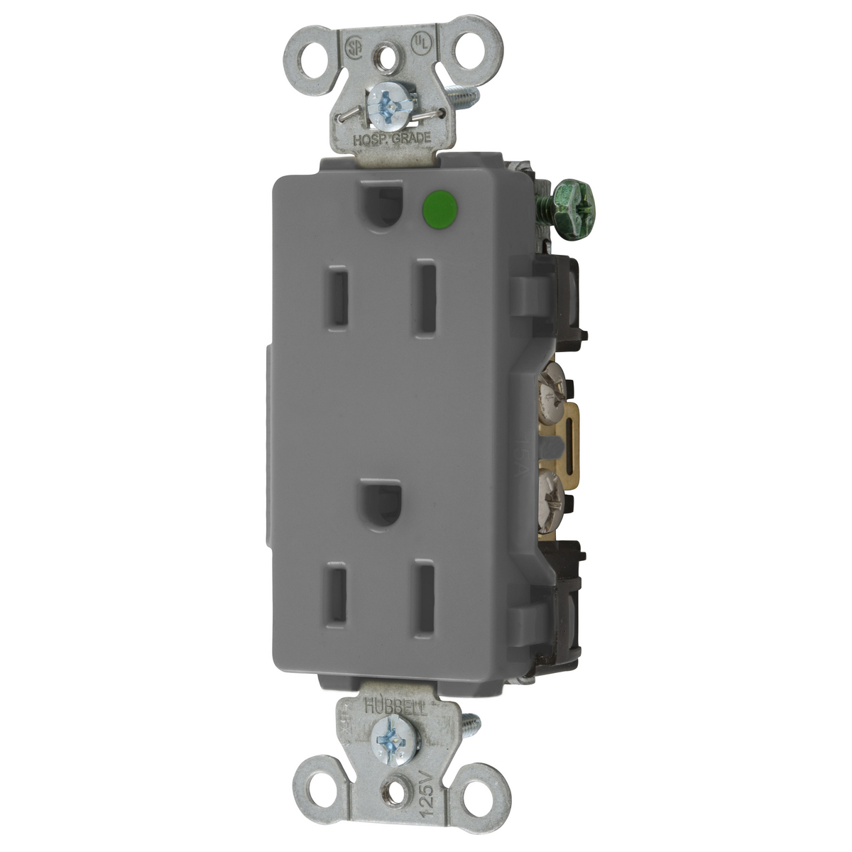 Straight Blade Devices, Decorator Duplex Receptacle, Hospital Grade, Hubbell-Pro, 15A 125V, 2-Pole 3-Wire Grounding, 5-15R, Gray.