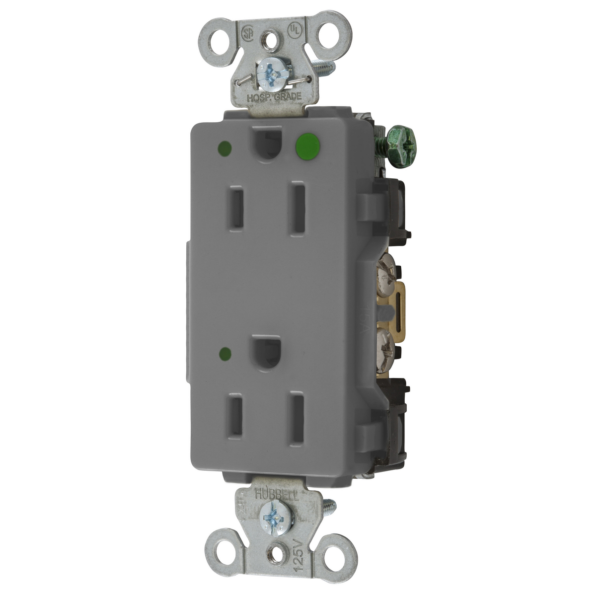 Straight Blade Devices, Decorator Duplex Receptacle, Hospital Grade, Hubbell-Pro, LED Indicator, 15A 125V, 2-Pole 3-Wire Grounding, 5-15R, Gray.
