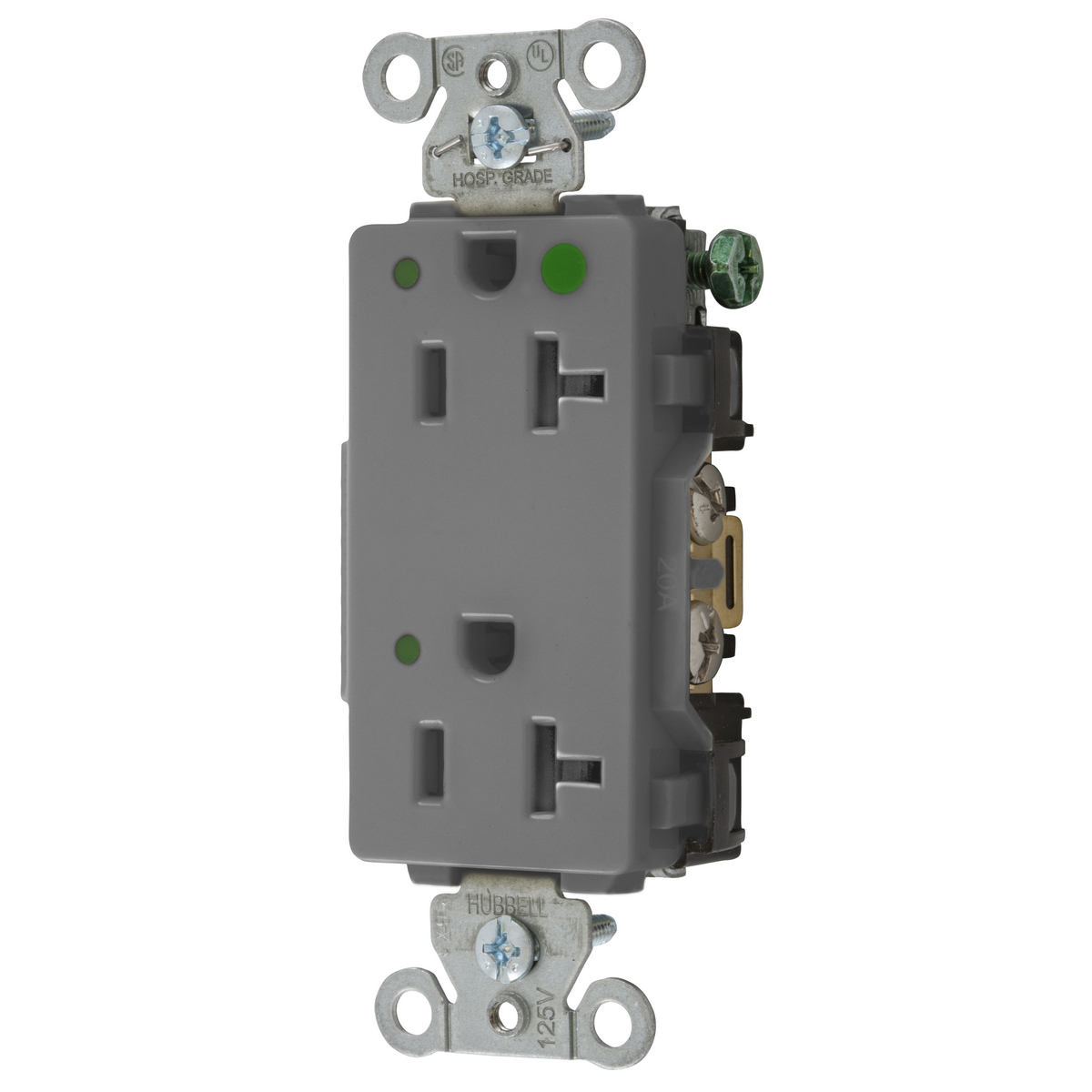 Straight Blade Devices, Decorator Duplex Receptacle, Hospital Grade, Hubbell-Pro, LED Indicator, 20A 125V, 2- Pole3-Wire Grounding, 5-20R, Gray.