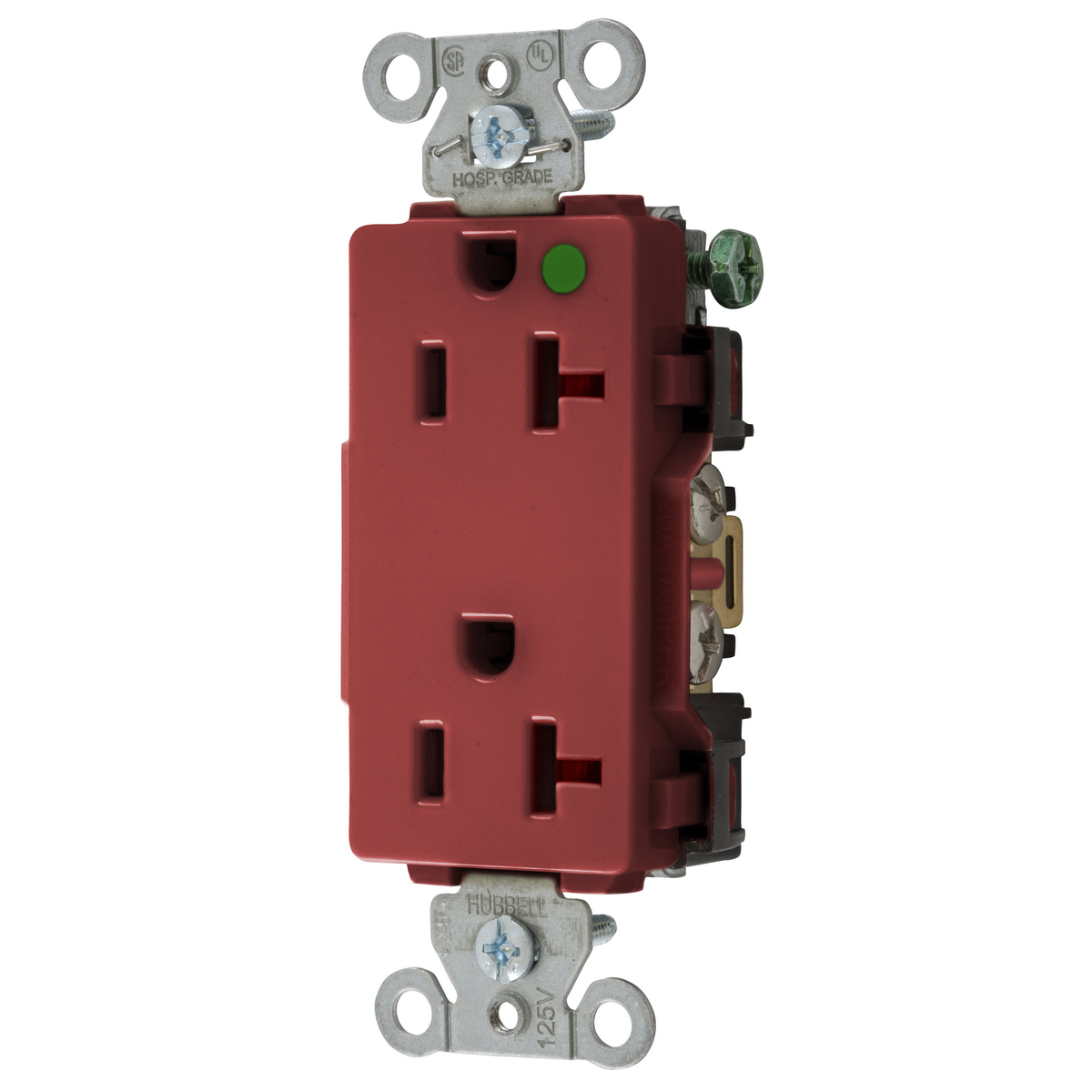 Straight Blade Devices, Decorator Duplex Receptacle, Hospital Grade, Hubbell-Pro, 20A 125V, 2-Pole 3-Wire Grounding, 5-20R, Red.
