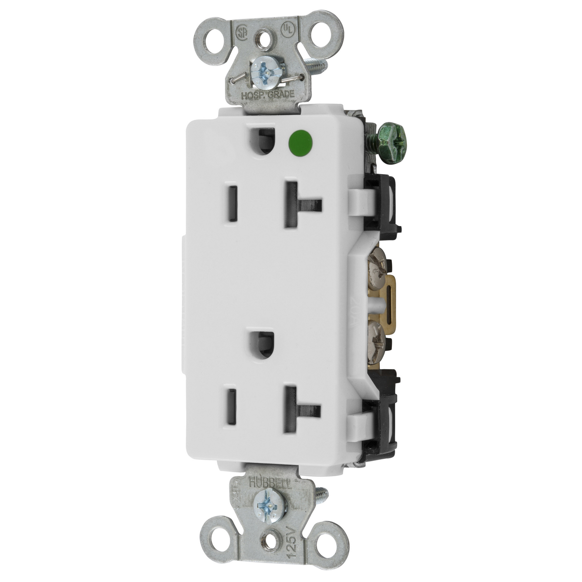 Straight Blade Devices, Decorator Duplex Receptacle, Hospital Grade, Hubbell-Pro, 20A 125V, 2-Pole 3-Wire Grounding, 5-20R, White.