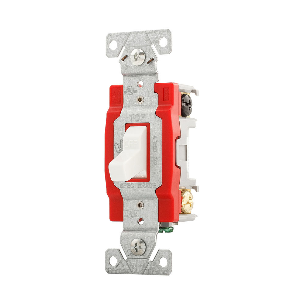 Eaton construction grade toggle switch, #14-10 AWG, 20A, Industrial, Flush mounted, 120/277V, Back and side, Screw, White, Double-Pole, Dual-pole, Brass, Polycarbonate