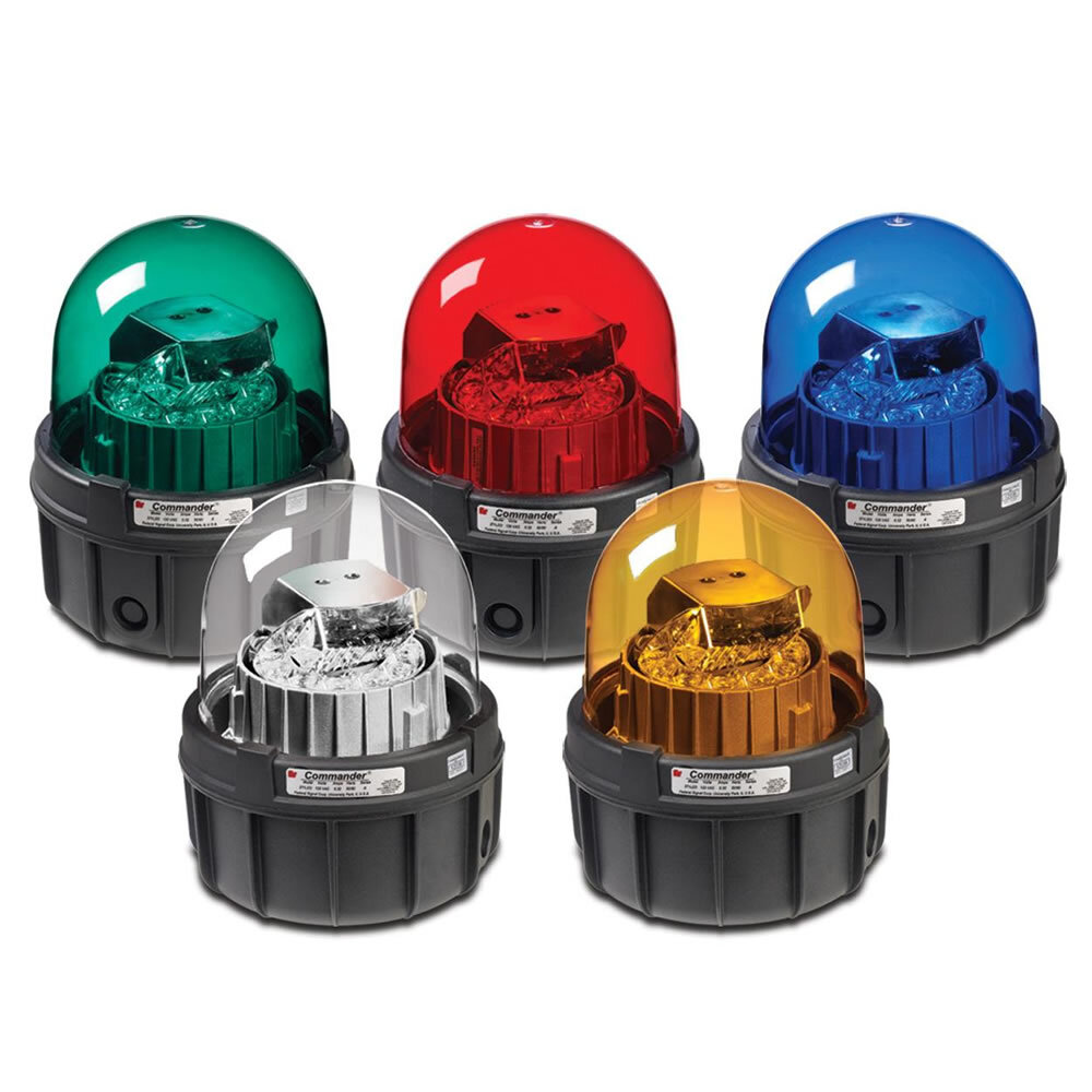 Commander LED Rotating Warning Light, Red - Available in 120VAC. Five lamp/lens colors: Amber, Blue, Clear, Green and Red. 50,000 hour LED light source. Surface mount and integrated 1-inch NPT pipe mount. Type 4X, IP66 enclosure. IP69K compliant. UL and cUL Listed.