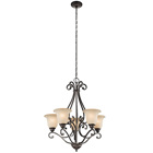 The Camerena(TM) 31.25in. 5 light chandelier features an old world look with its gently curled metal accents in Olde Bronze(R) finish, and gorgeous bell shaped shades featuring white scavo glass with light umber inside tint, conveying a warm aura to the room. The Camerena(TM) Chandelier works in several aesthetic environments, including traditional and modern.
