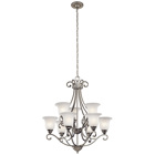The Camerena(TM) 34.5in. 9 light 2 tier chandelier features a traditional style with its gently curled metal accents in Brushed Nickel finish and gorgeous bell shaped white scavo glass. The Camerena(TM) two tier chandelier works in several aesthetic environments, including traditional and modern.