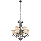 With its gorgeous bowl-shaped glass uplight and gently curled metal accents, the distinct Camerena(TM) collection illuminates any room with enduring warmth and comfort. This 9 light chandelier features an Olde Bronze finish and White Scavo glass with Light Umber inside tint to convey a distinct old world aura in any space.