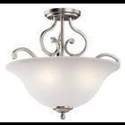 The Camerena(TM) 18in. 3 light semi flush features a traditional style with its gently curled metal accents in Brushed Nickel finish and gorgeous bell shaped white scavo glass. The Camerena(TM) semi flush works in several aesthetic environments, including traditional and modern.