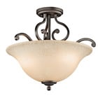 The Camerena(TM) 18in. 3 light semi flush features a traditional style with its gently curled metal accents in Olde Bronze(R) finish and gorgeous bell shaped white scavo glass. The Camerena(TM) semi flush works in several aesthetic environments, including traditional and modern.
