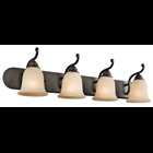 The Camerena(TM) 36in. 4 light vanity light features an old world look with its gently curled metal accents in Olde Bronze(R) finish, and gorgeous bell shaped shades featuring white scavo glass with light umber inside tint, conveying a warm aura to the room. The Camerena(TM) vanity light works in several aesthetic environments, including traditional and modern.