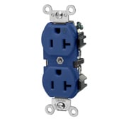 20 Amp 125 Volt NEMA 5-20R 2P 3W Industrial Series Heavy Duty Specification Grade Duplex Receptacle Straight Blade Isolated Ground Back & Side 8 Hole Feed-Thru Wired Steel Strap - Blue
