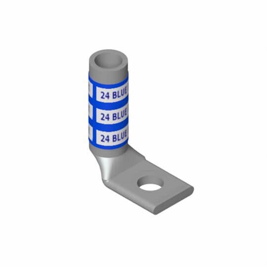 Copper One-Hole Lug, 90 Degree Bend Long Barrel, Peep Hole, Max 35kV, Wire Size #8 AWG, 1/4 Inch Bolt Size, Tin Plated, Die Code 21, Die Color Code Red