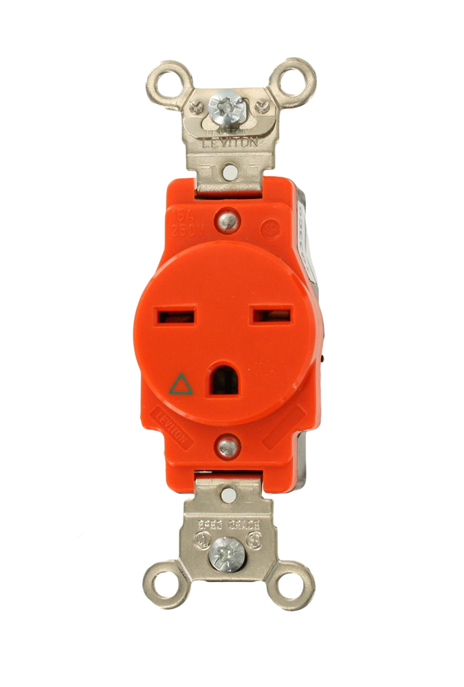 Single Receptacle New Design Isolated ground 2-pole 3 strap stamped fed spec NEMA 6-15r - Orange