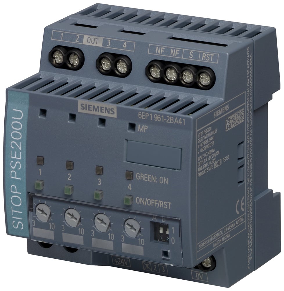 SITOP PSE200U 10 A SELECTIVITY MODULE 4 CHANNELS INPUT 24 V DC OUTPUT 24V DC/10A PER CHANNEL OUTPUT CURRENT ADJUSTABLE 3-10 WITH STATUS MESSAGE PER CHANNEL