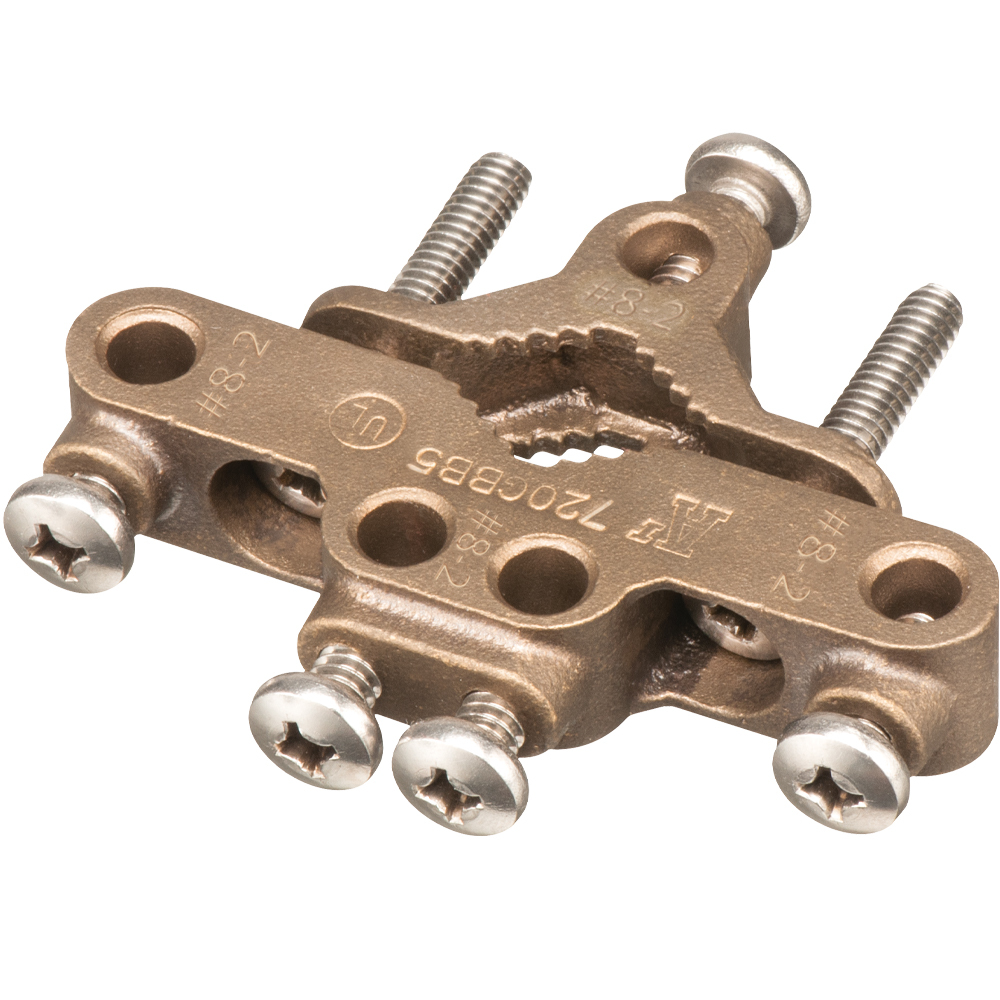 Solid Bronze, pipe size 1/2" to 1" metal underground water pipe and 1/2", 5/8 or 3/4 ground rod. Intersystem bonding and grounding conductors #14 to #4 copper or alluminum solid or stranded. Equipment grounding conductor/grounding conductor #8 to #2 for indoor or outdoor use.
