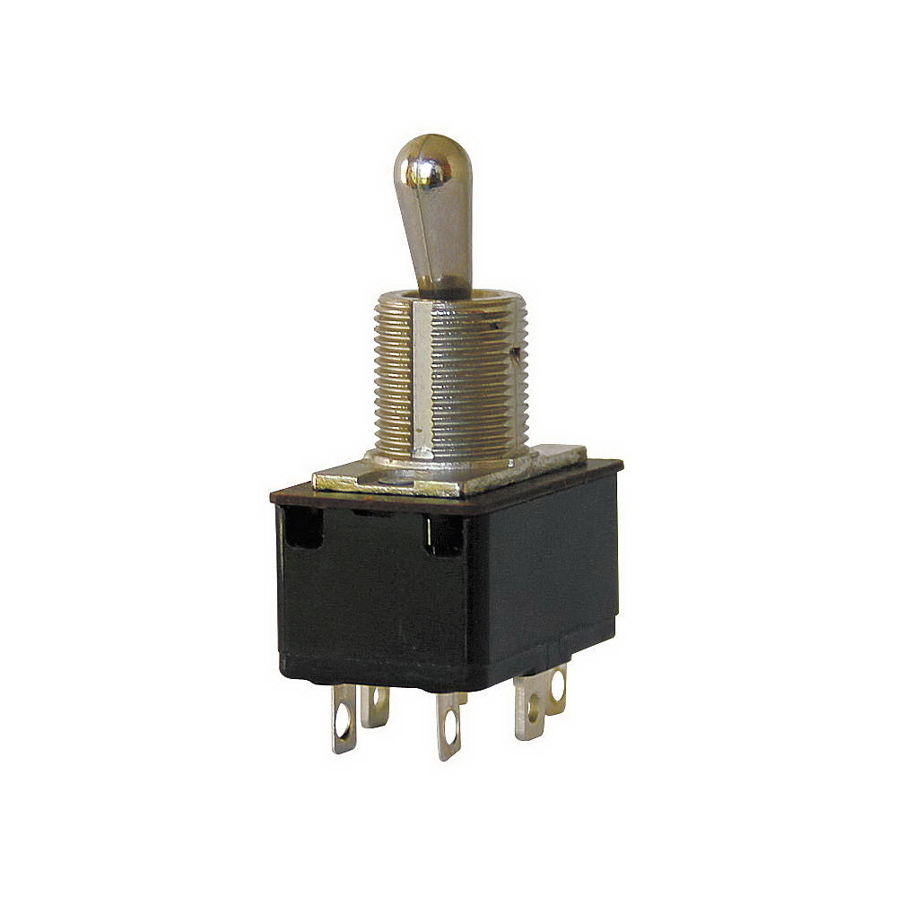 General Purpose AC Rated Toggle Switches, General purpose, 0.469 in bushing, Circuit position: ON-OFF-ON, 0.563 in lever, 15A at 125V, 10A at 250V, 0.5 hp at 125V, 0.75 hp at 250V, 0.250 in spade terminal, Single-pole, Double-throw