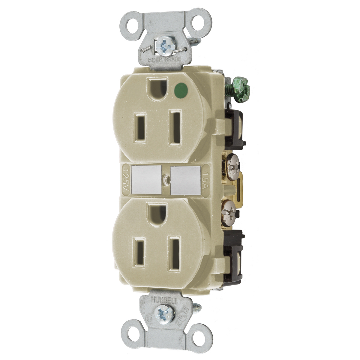 Straight Blade Devices, Duplex Receptacle, Hospital Grade, Hubbell-Pro, 2-Pole 3-Wire Grounding, 15A 125V, 5-15R, Ivory