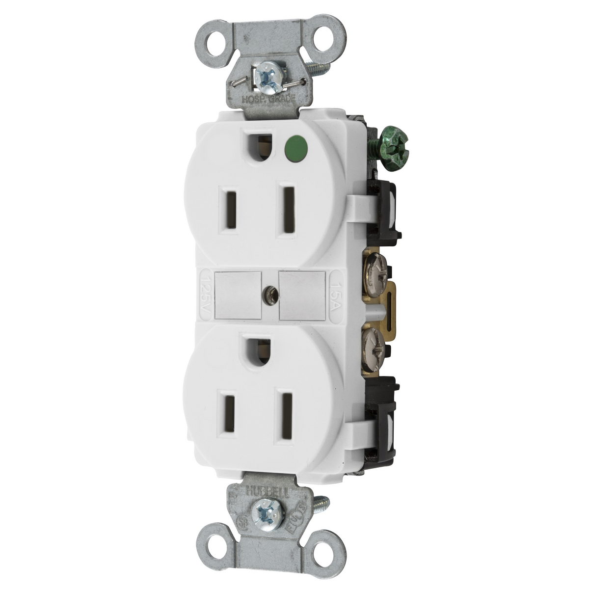 Straight Blade Devices, Duplex Receptacle, Hospital Grade, Hubbell-Pro, 15A 125V, 2-Pole 3- Wire Grounding, 5-15R, White