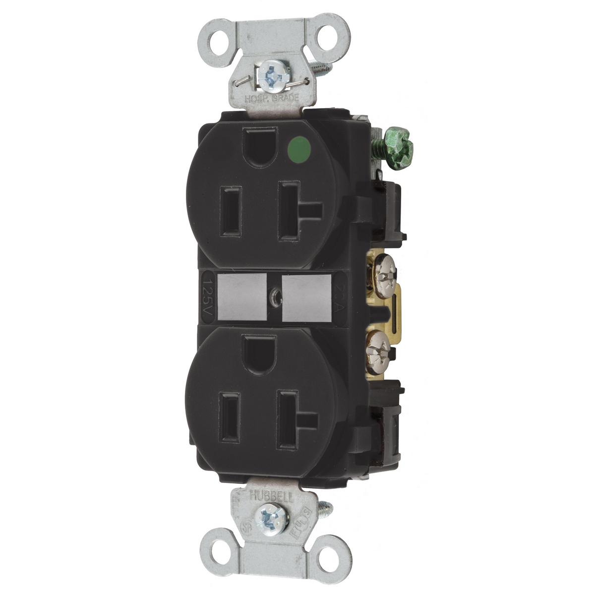 Straight Blade Devices, Duplex Receptacle, Hubbell-Pro, Hospital Grade, 20A 125V, 2-Pole 3-Wire Grounding, 5-20R, Black.
