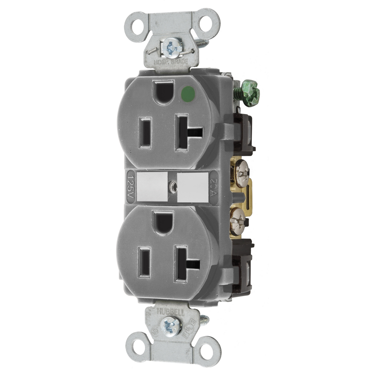 Straight Blade Devices, DuplexReceptacle, Hospital Grade, Hubbell-Pro, 20A 125V, 2-Pole 3-Wire Grounding, 5-20R, Gray.