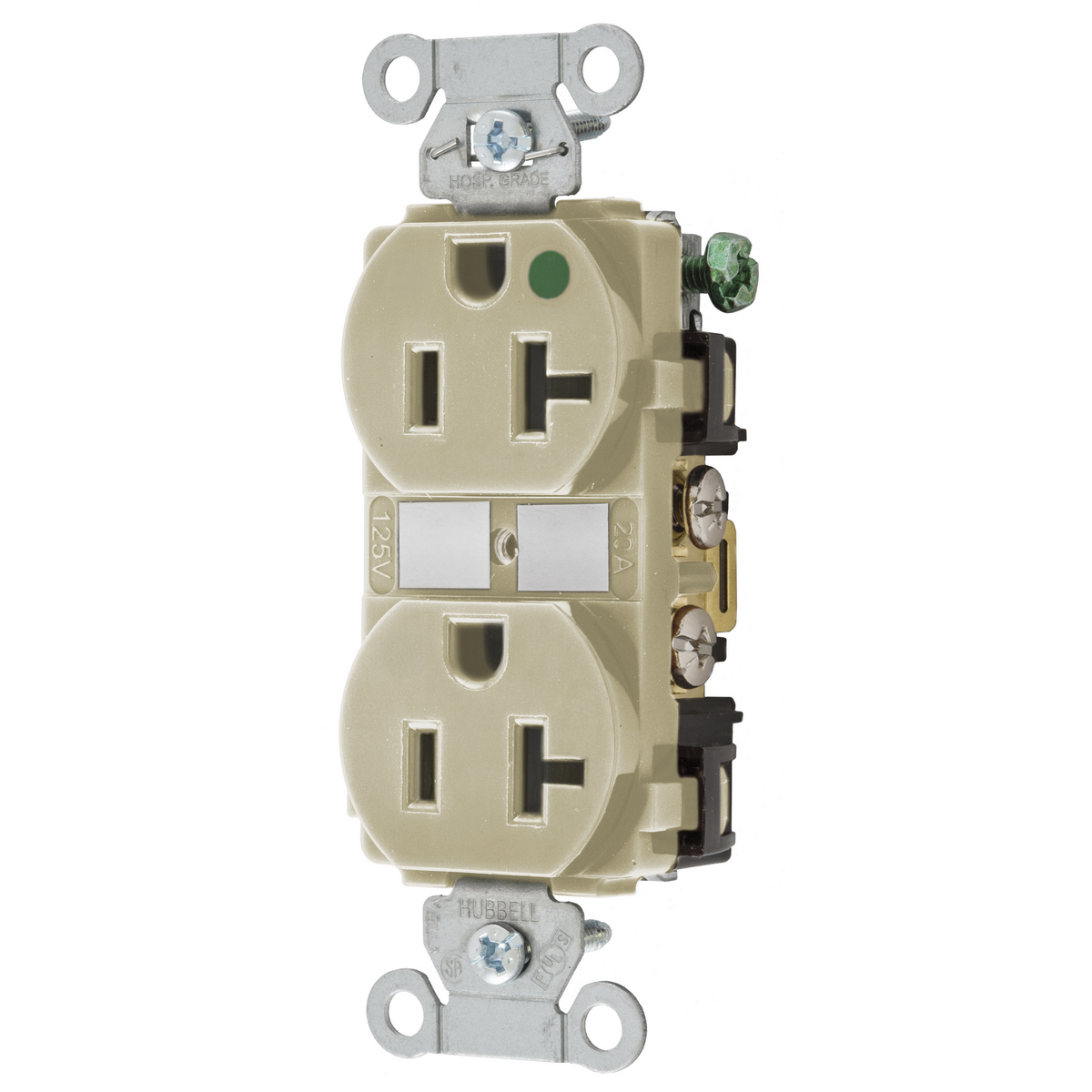 Straight Blade Devices, Duplex Receptacle, Hospital Grade, Hubbell-Pro, 20A 125V, 2-Pole 3-Wire Grounding, 5-20R, Ivory.