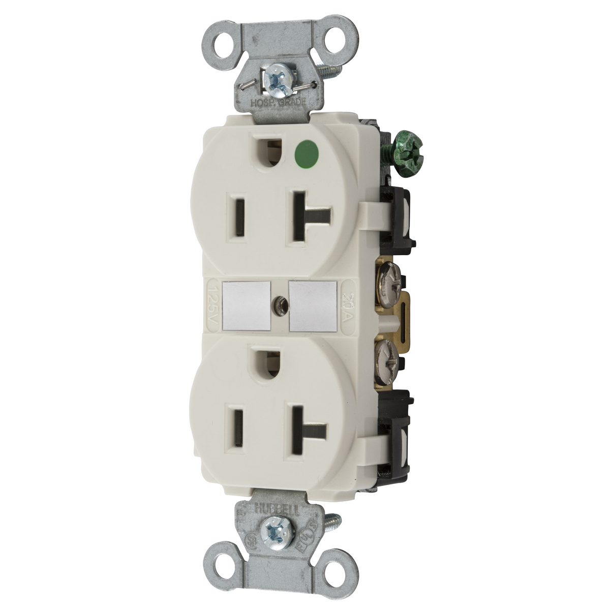 Straight Blade Devices, Duplex Receptacle, Hospital Grade, Hubbell-Pro, 20A 125V, 2-Pole 3-Wire Grounding, 5-20R, Light Almond.