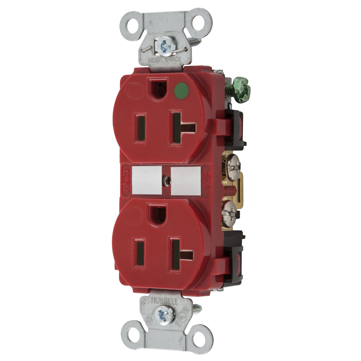 Straight Blade Devices, Duplex Receptacle, Hospital Grade, Hubbell-Pro, 20A 125V, 2-Pole 3-Wire Grounding, 5-20R, Red.