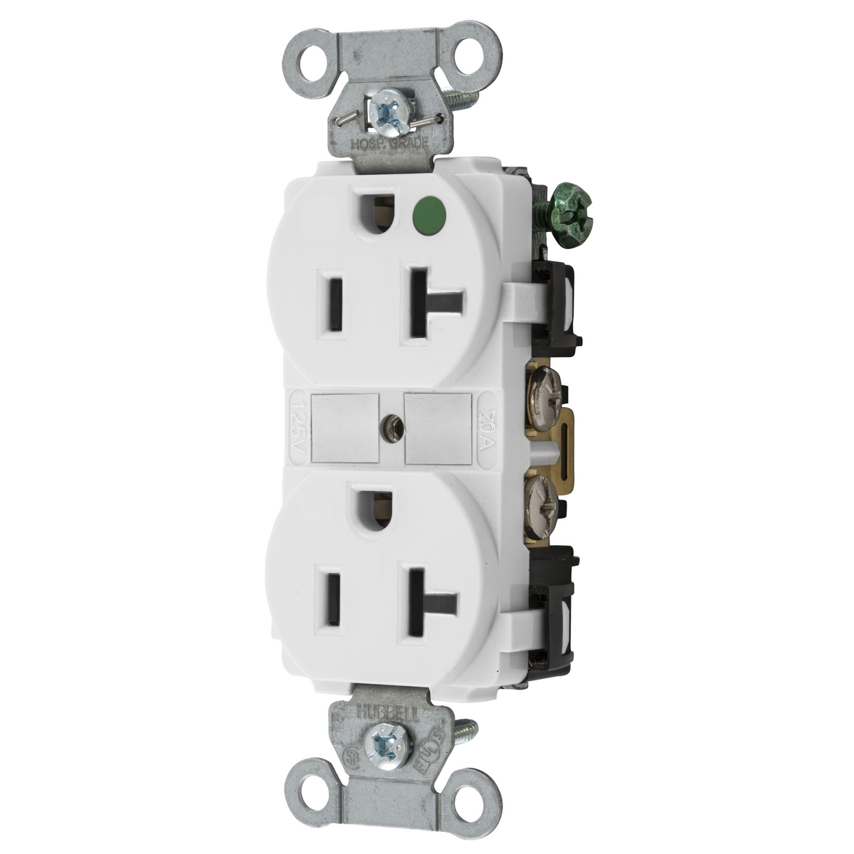 Straight Blade Devices, Duplex Receptacle, Hospital Grade, Hubbell-Pro, 20A 125V, 2-Pole 3-Wire Grounding, 5-20R, White.