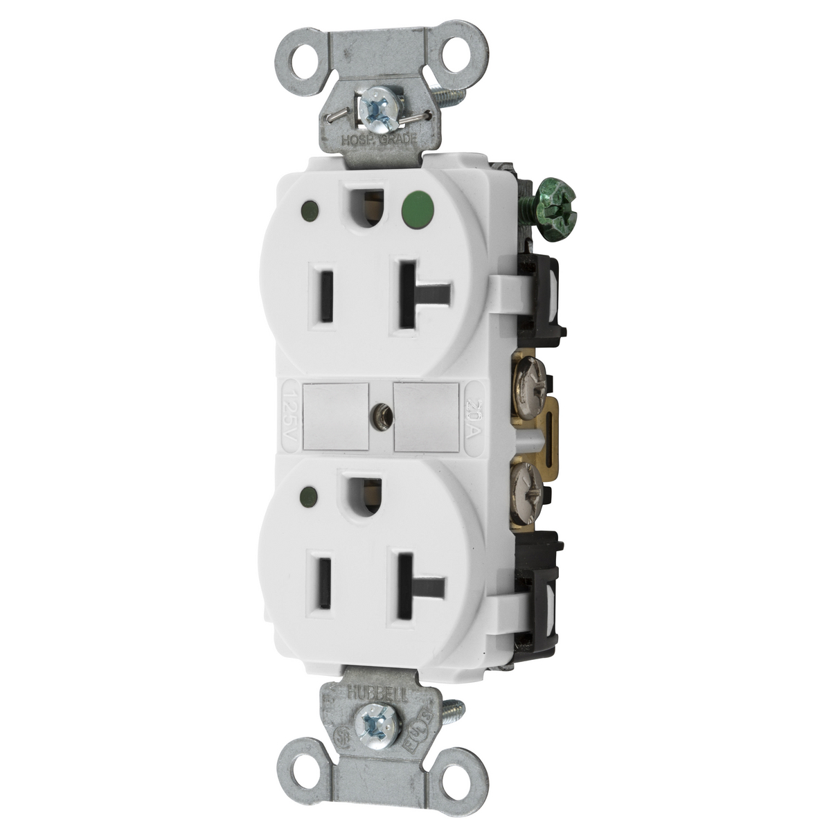 Straight Blade Devices, Duplex Receptacle, Hospital Grade, Hubbell-Pro, LED Indicator, 20A 125V, 2-Pole 3-Wire Grounding, 5-20R, White.