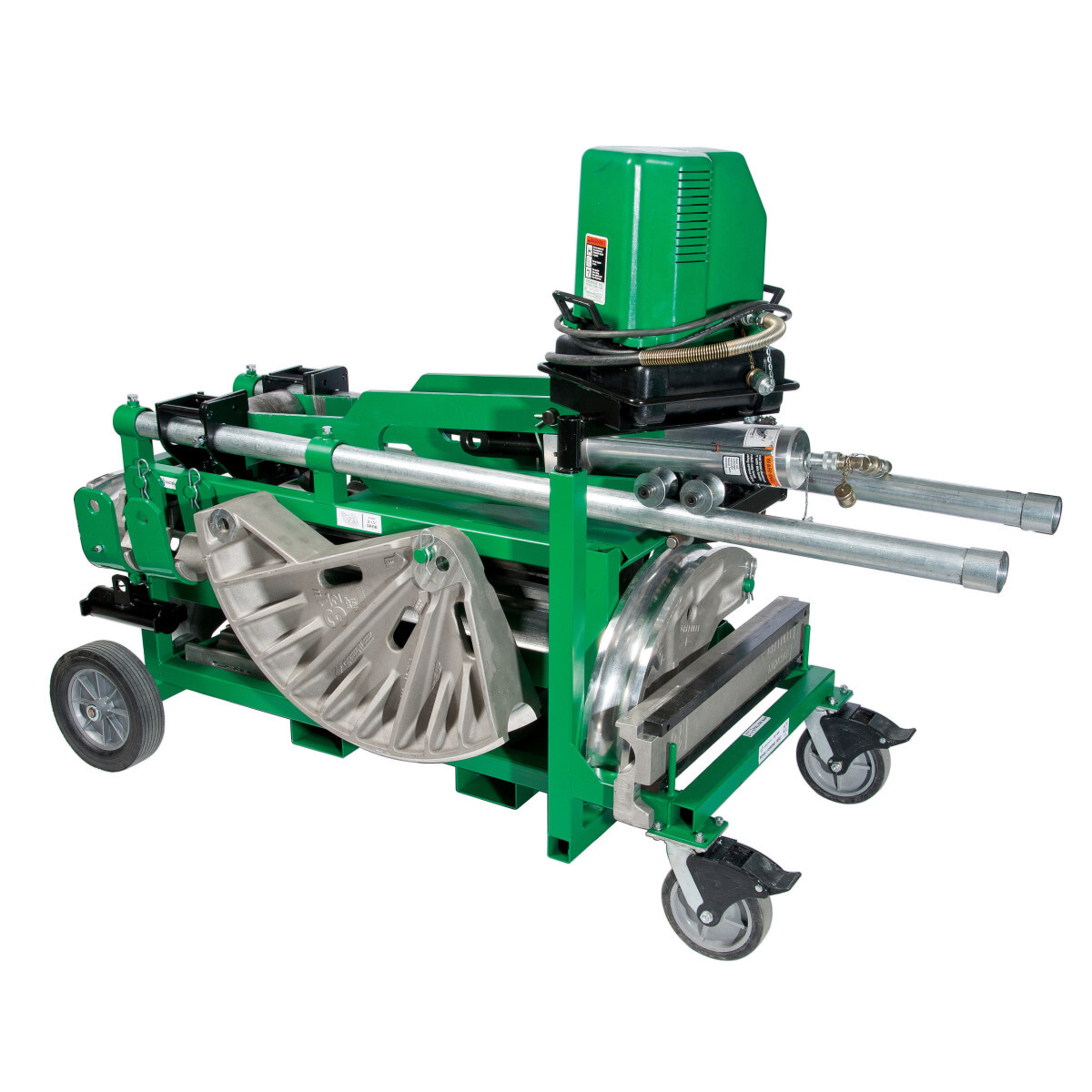 Locking swivel wheels for maneuverability.     Fork pockets to conveniently move the unit with a fork truck.     Ram positioner to ease the set up of the ram to accommodate different size shoes.     Steel pegs with hitch pins for storage of shoes and saddles.     Carriage assembly to mount the 881 Bender unit directly to the MBT.     Vice-chain to hold conduit securely for accurate bends, prevents conduit from twisting or turning during bend.     Pump basket holds the hydraulic pump for the 881 bender unit.