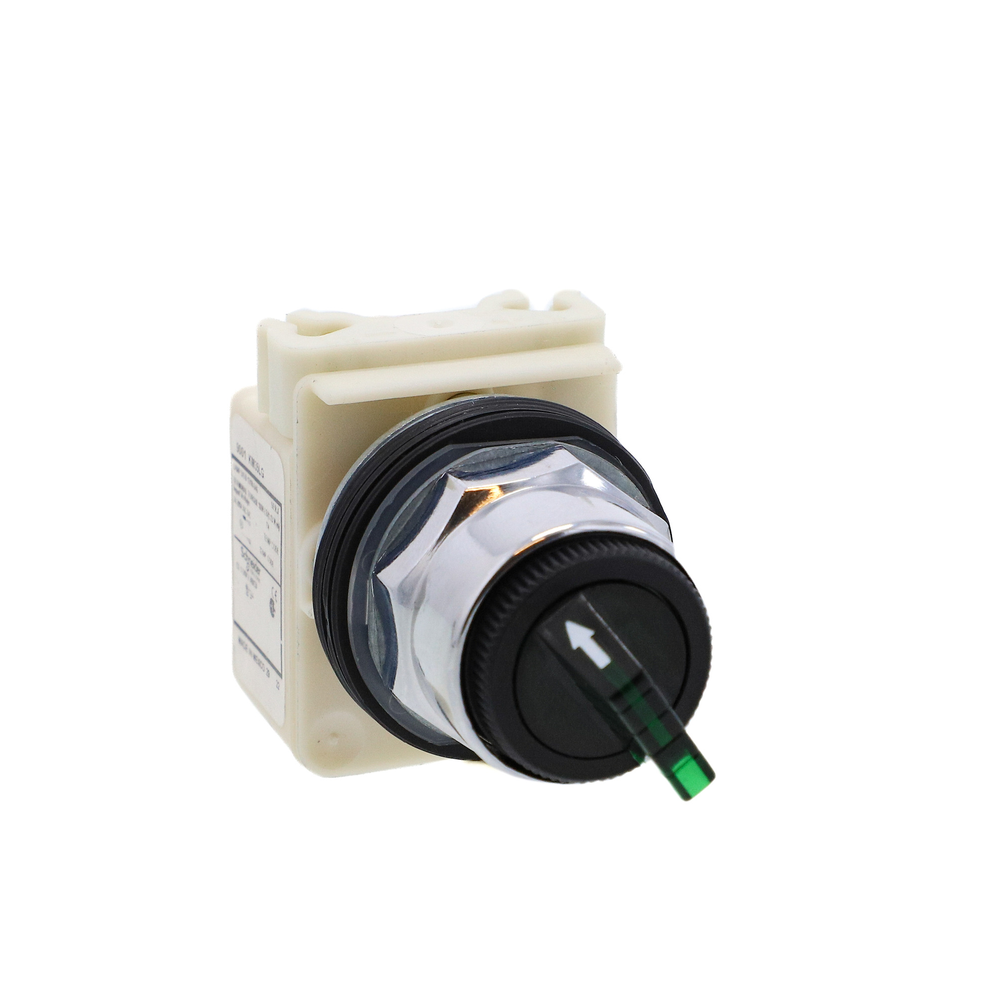 Illuminated selector switch head, Harmony 9001K, metal, standard handle, green, 30mm, 2 positions, stay put, LED green, 24-28V
