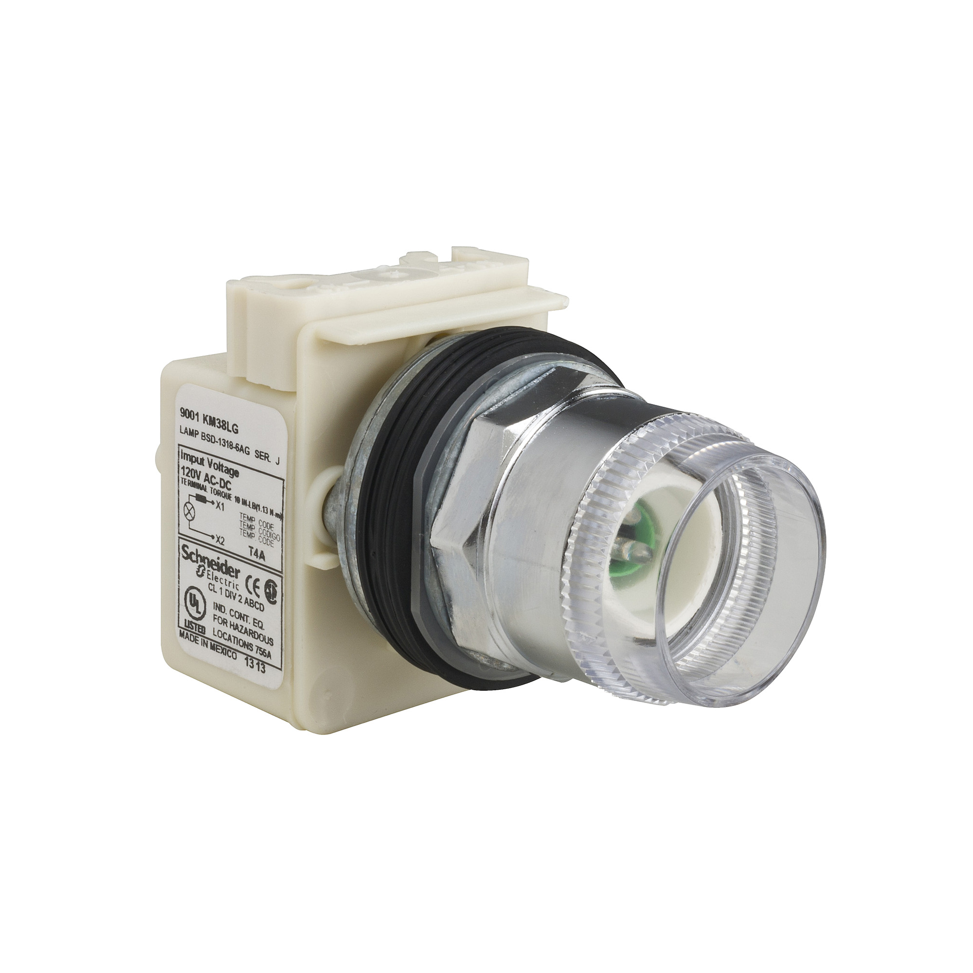 30mm push button, Type K, illuminated momentary, full guard, 120VAC/VDC green LED light module, no contacts, no lens, NEMA 4