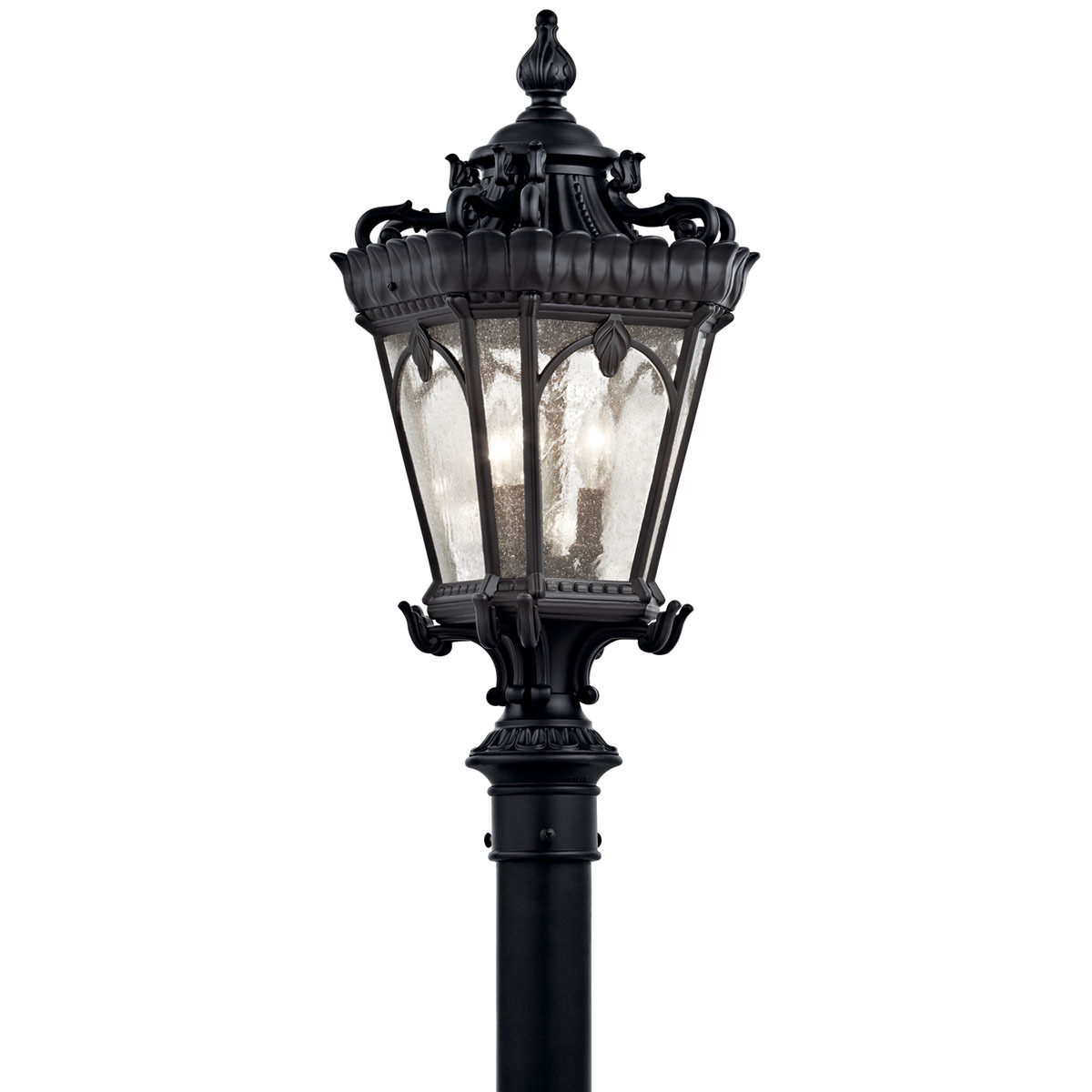 With its heavy textures, dark tones and fine attention to detail, this 3 light outdoor mounted post from the Tournai(TM) collection stands out from other outdoor fixtures. Handmade from cast aluminum, its distinctive Textured Black finish give this piece a unique aged look.