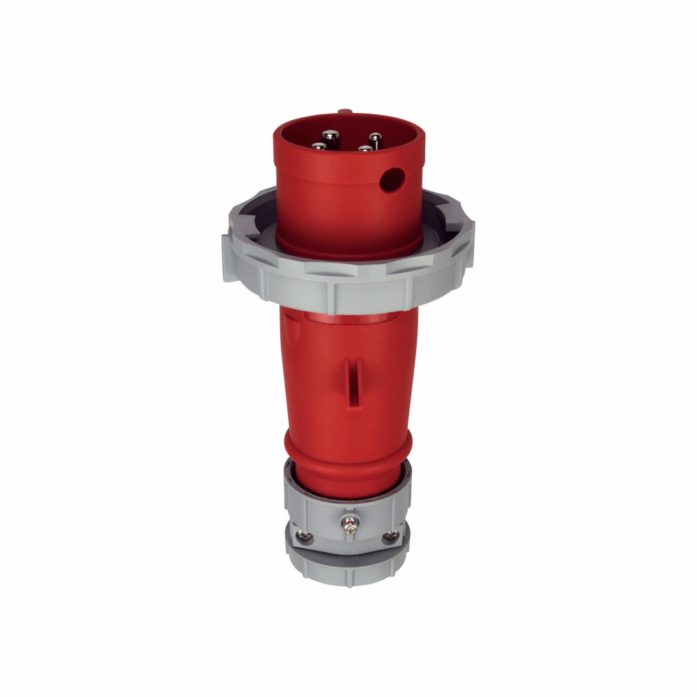Eaton Arrow Hart pin and sleeve plug, IP69K Rated, #10 -#2 AWG, 30A, 3 480V, Back wire, Red, Nickel plated brass, IP67, Nylon, Three-pole, Four-wire, grounding, 0.433-0.985in (1.10-2.5cm), Male, 10 HP, Nylon, Three-phase