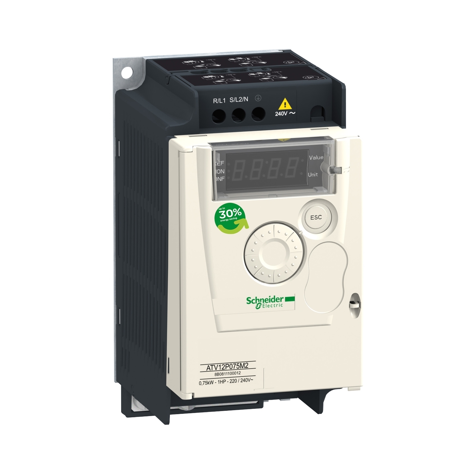 variable speed drive, Altivar 12, 0.75kW, 1hp, 200 to 240V, 3 phases, on base plate
