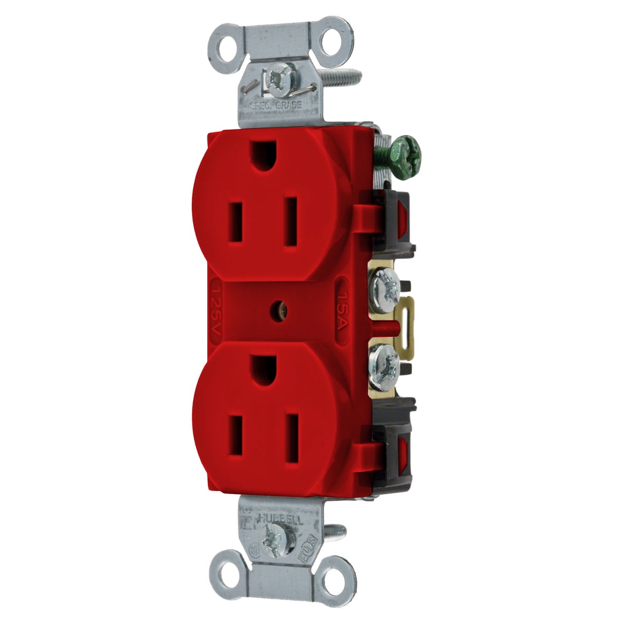 Straight Blade Devices, Duplex Receptacle, Commercial Grade, 15A 125V, 2-Pole 3-Wire Grounding, 5-15R, Back and Side Wired, Red.