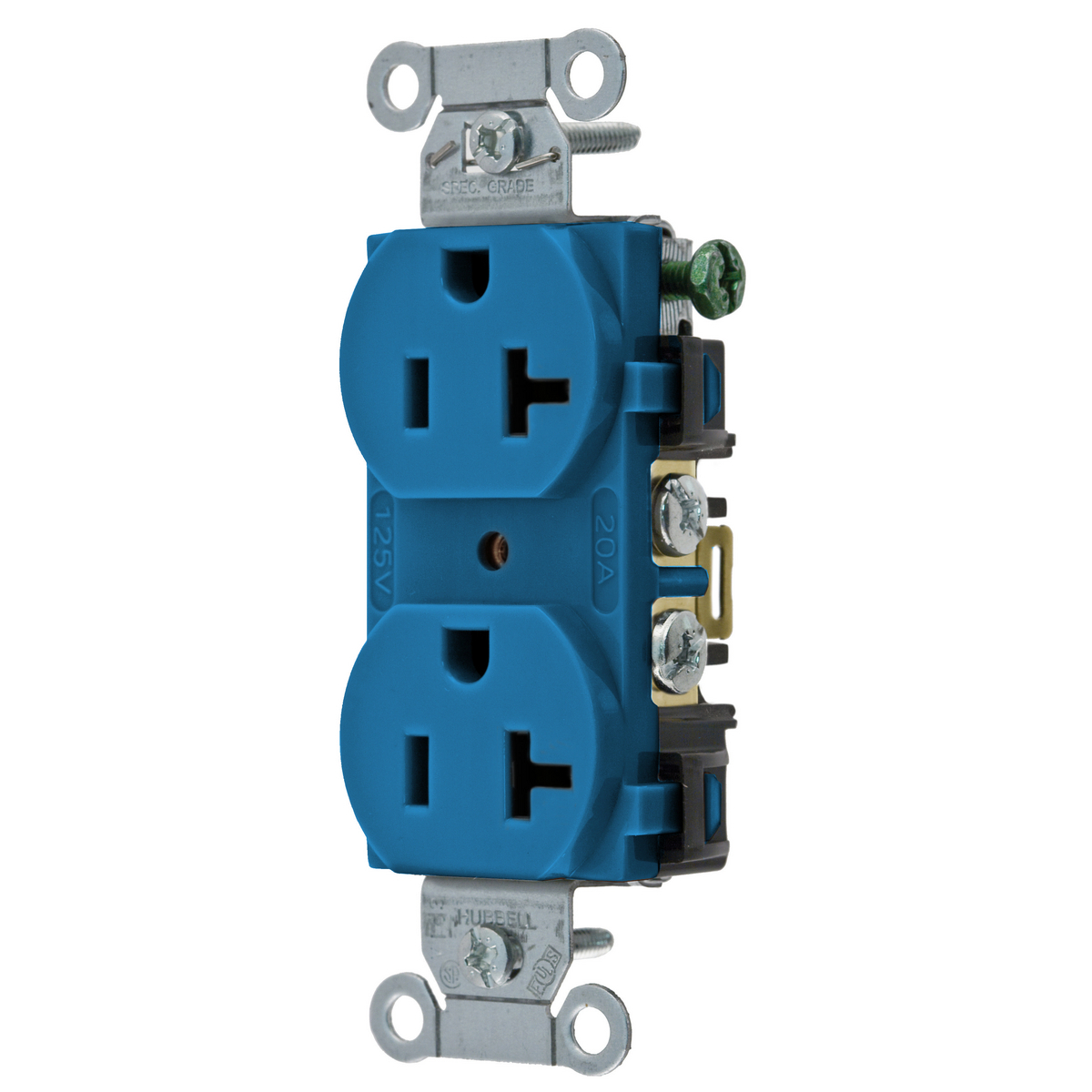 Straight Blade Devices, DuplexReceptacle, Commercial Grade, 20A 125V, 2-Pole 3-Wire Grounding, 5-20R, Back and Side Wired, Blue.