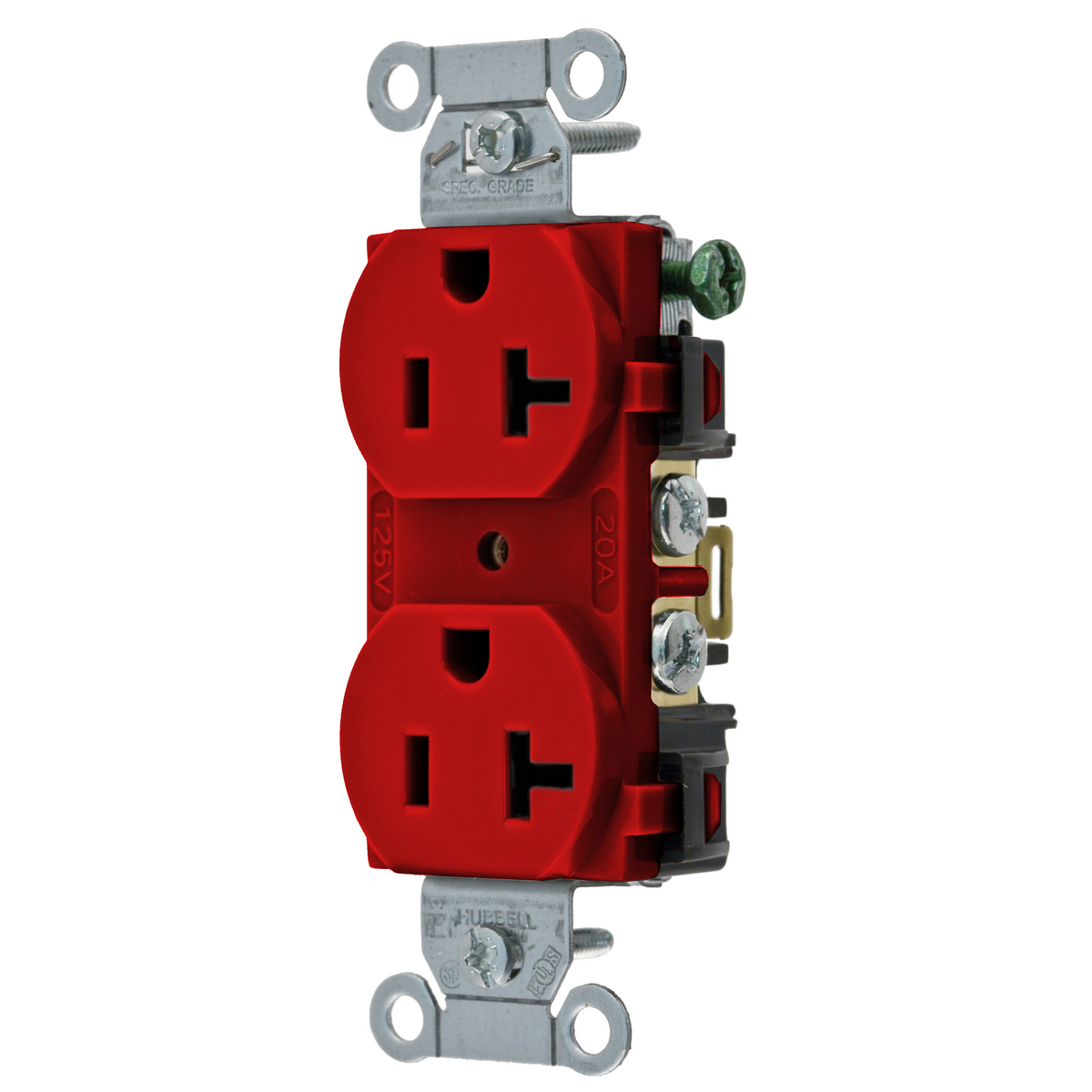 Straight Blade Devices, Receptacles, Duplex, Commercial Grade, 20A 125V, 2-Pole 3-Wire Grounding, 5-20R, Back and Side Wired, Red.